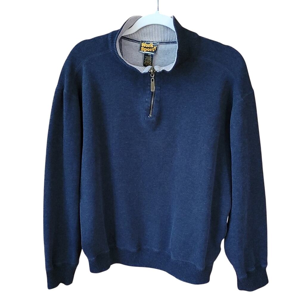 Work n Sport Quarter Zip Sweater Size L Blue Gray Pullover Outdoor Cabin Unisex